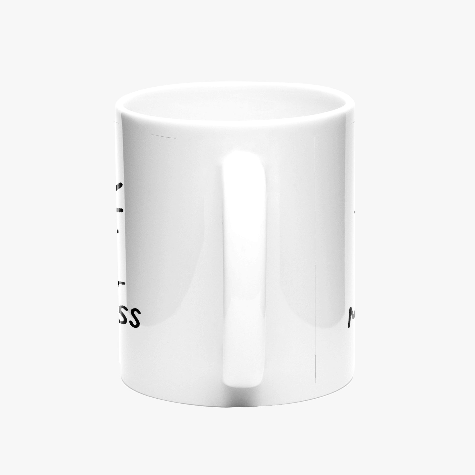 White mug with black text on a white background
