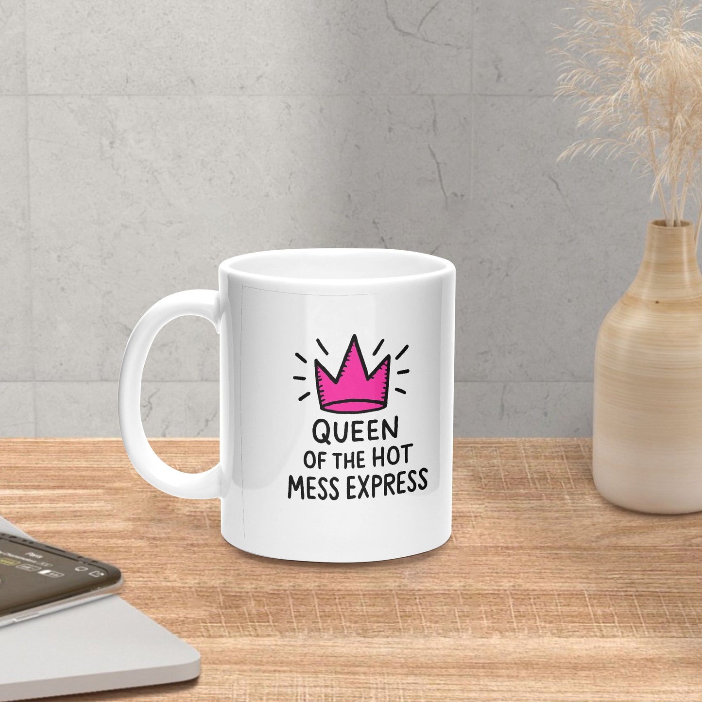 “Funny hot mess express mug with bold pink text”