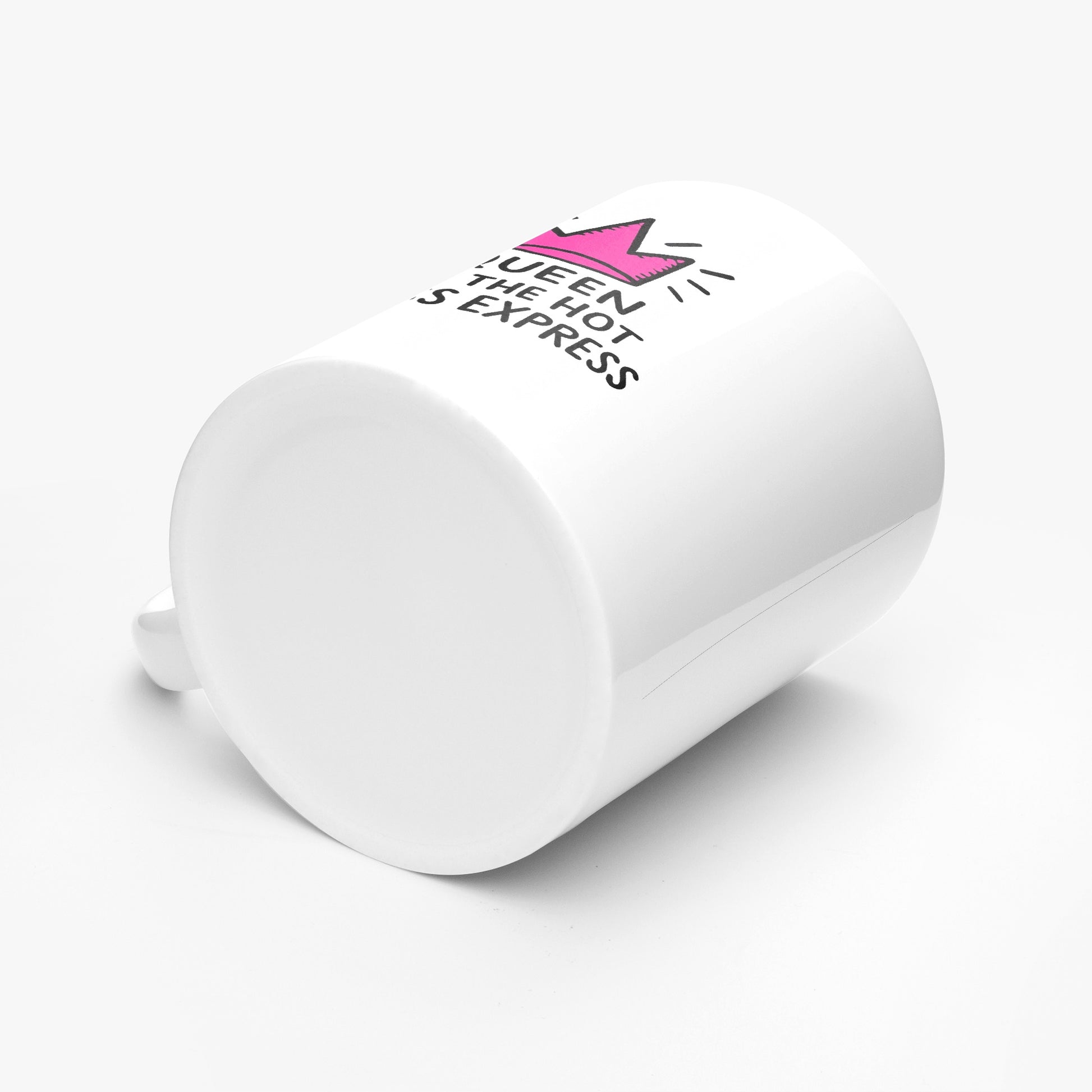 White product with 'Queen of the Hot Seat' text and pink crown icon on a white background
